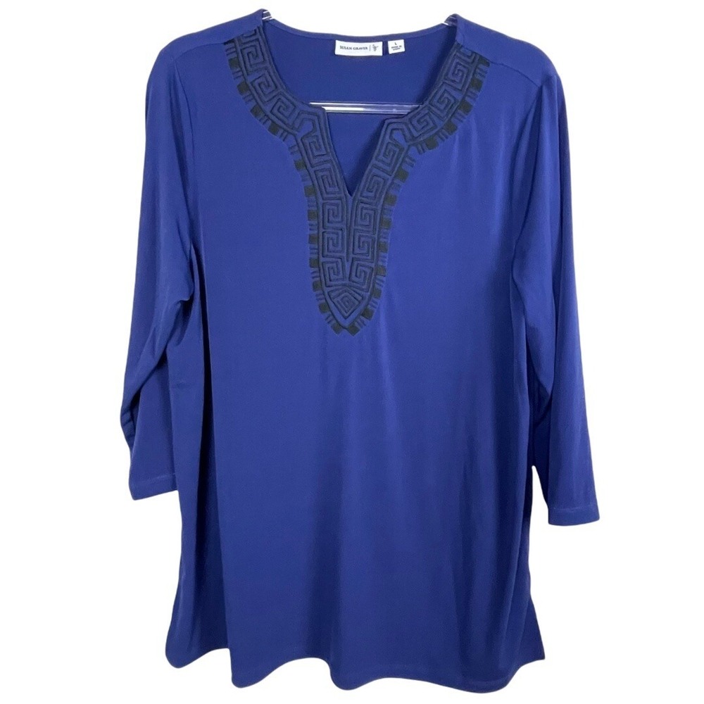Susan Graver Women's Size L Navy Blue 3/4 Sleeve Tunic Top Shirt